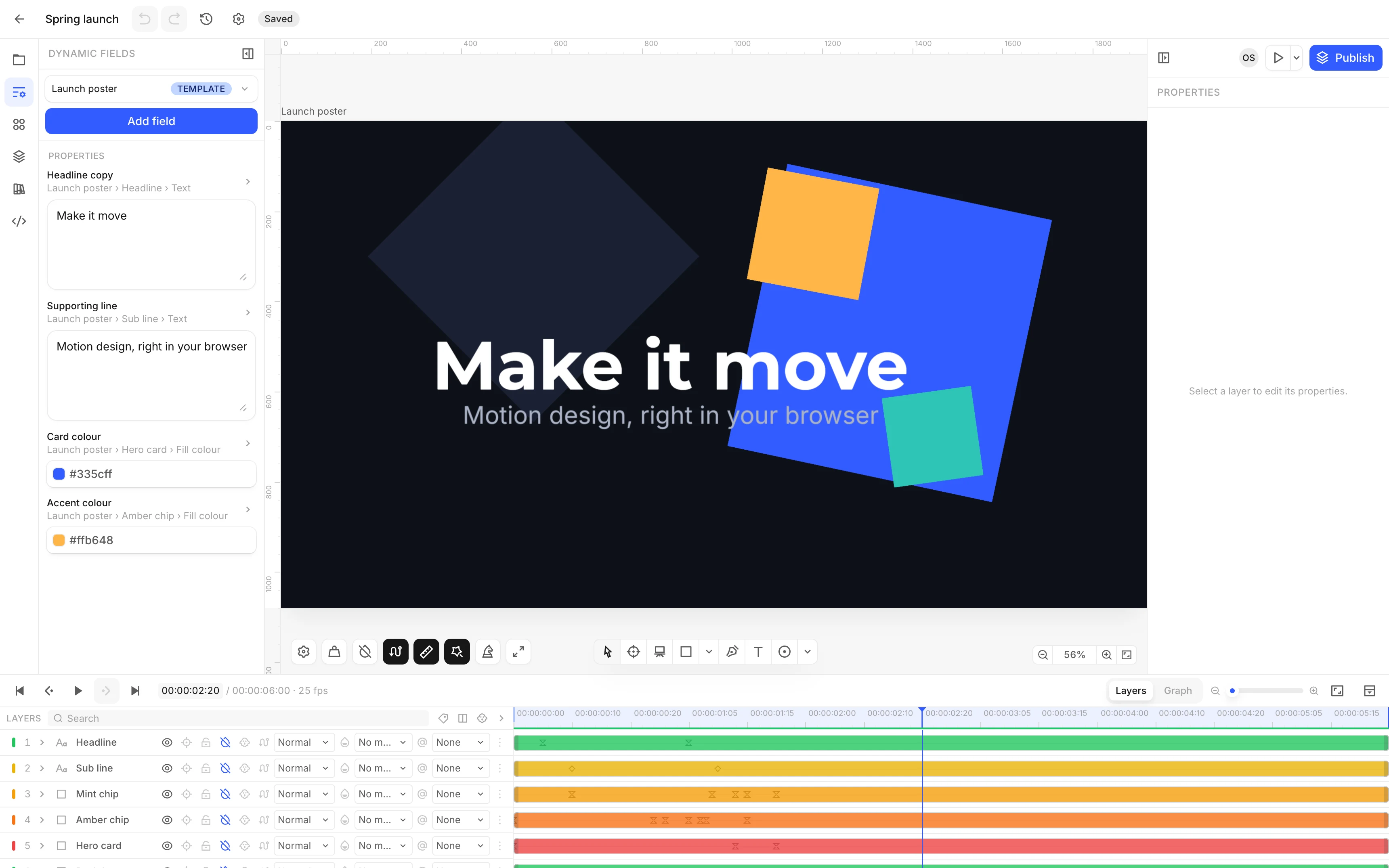 The dynamic fields panel on a launch poster composition, with headline copy, a supporting line and two brand colours marked as swappable fields