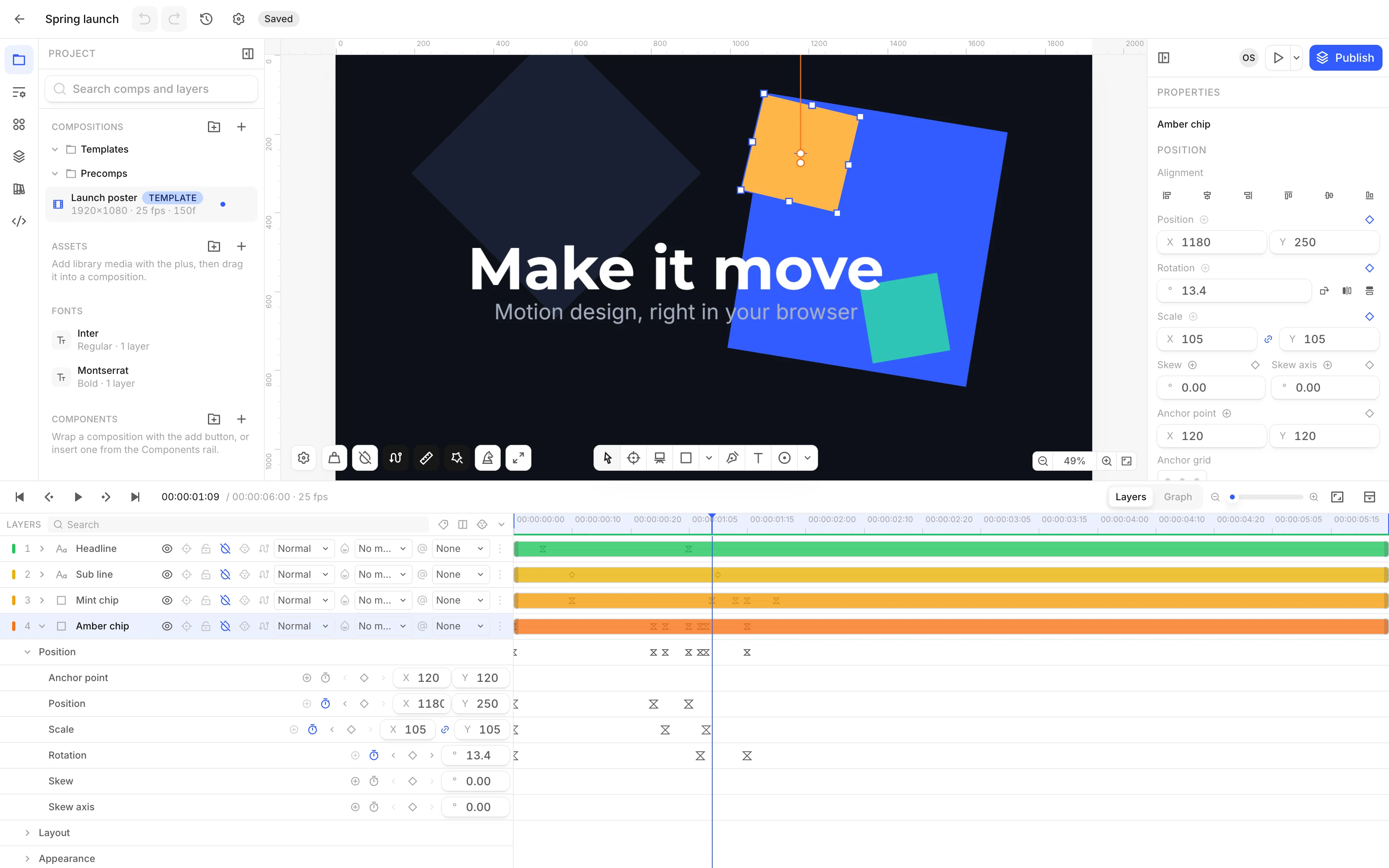 The Nubu Motion timeline: colour-coded layers twirled open to keyframed position, scale and rotation lanes